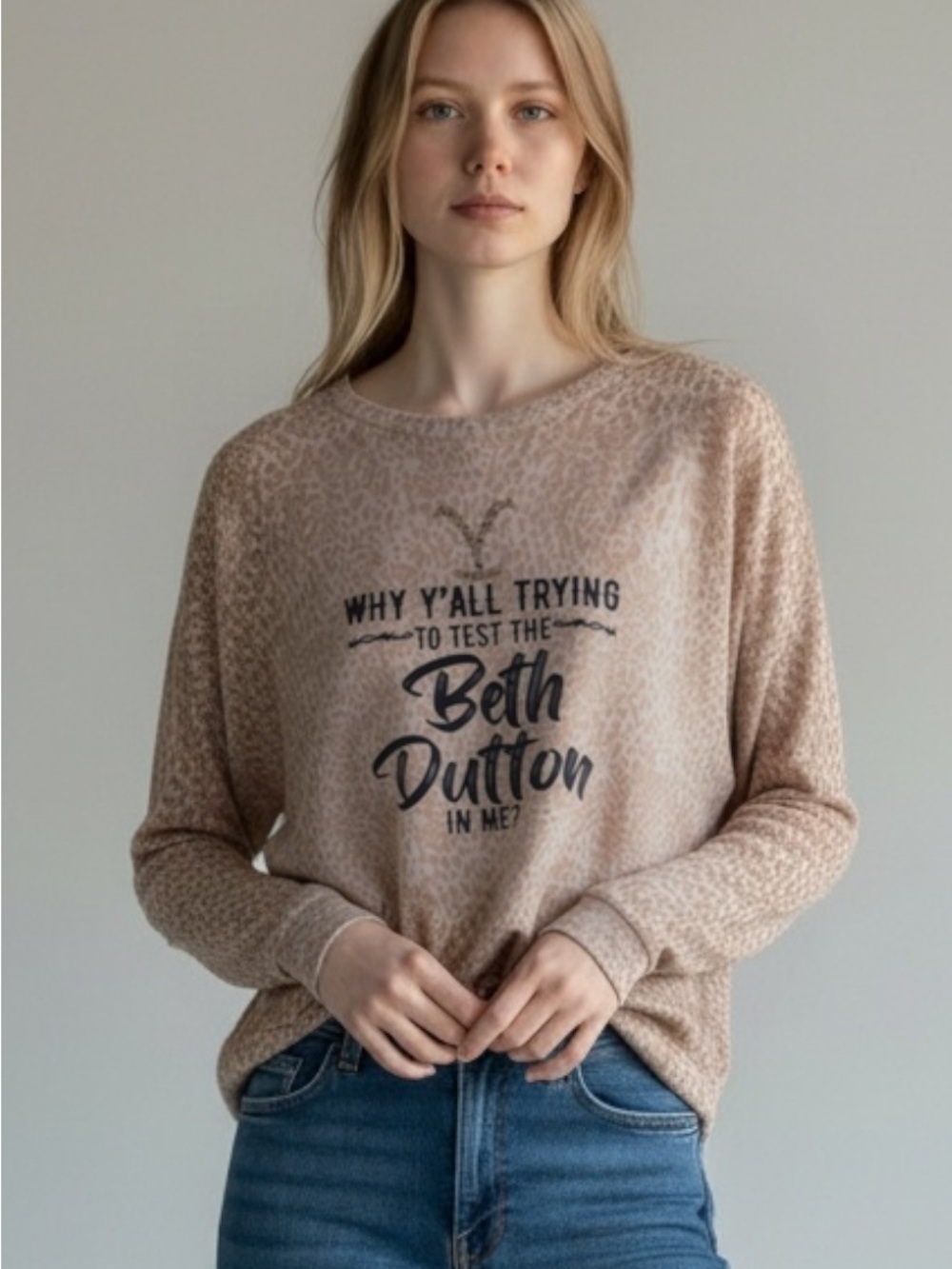 Time and Tru Taupe Leopard Print Crewneck with Black Graphic